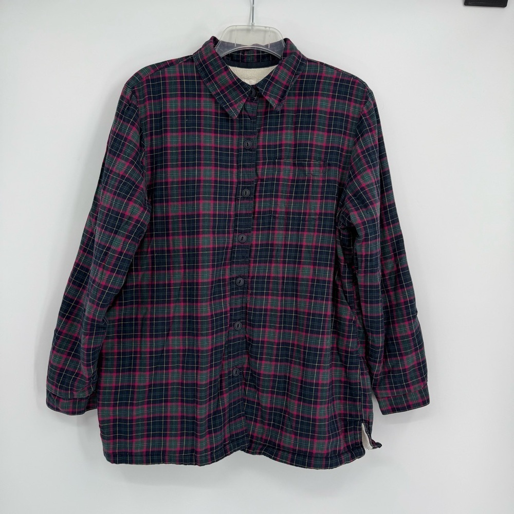 LL Bean Shirt Jacket Womens Size M Fleece Lined Flannel Plaid Button Up Blue Red - Picture 10 of 10